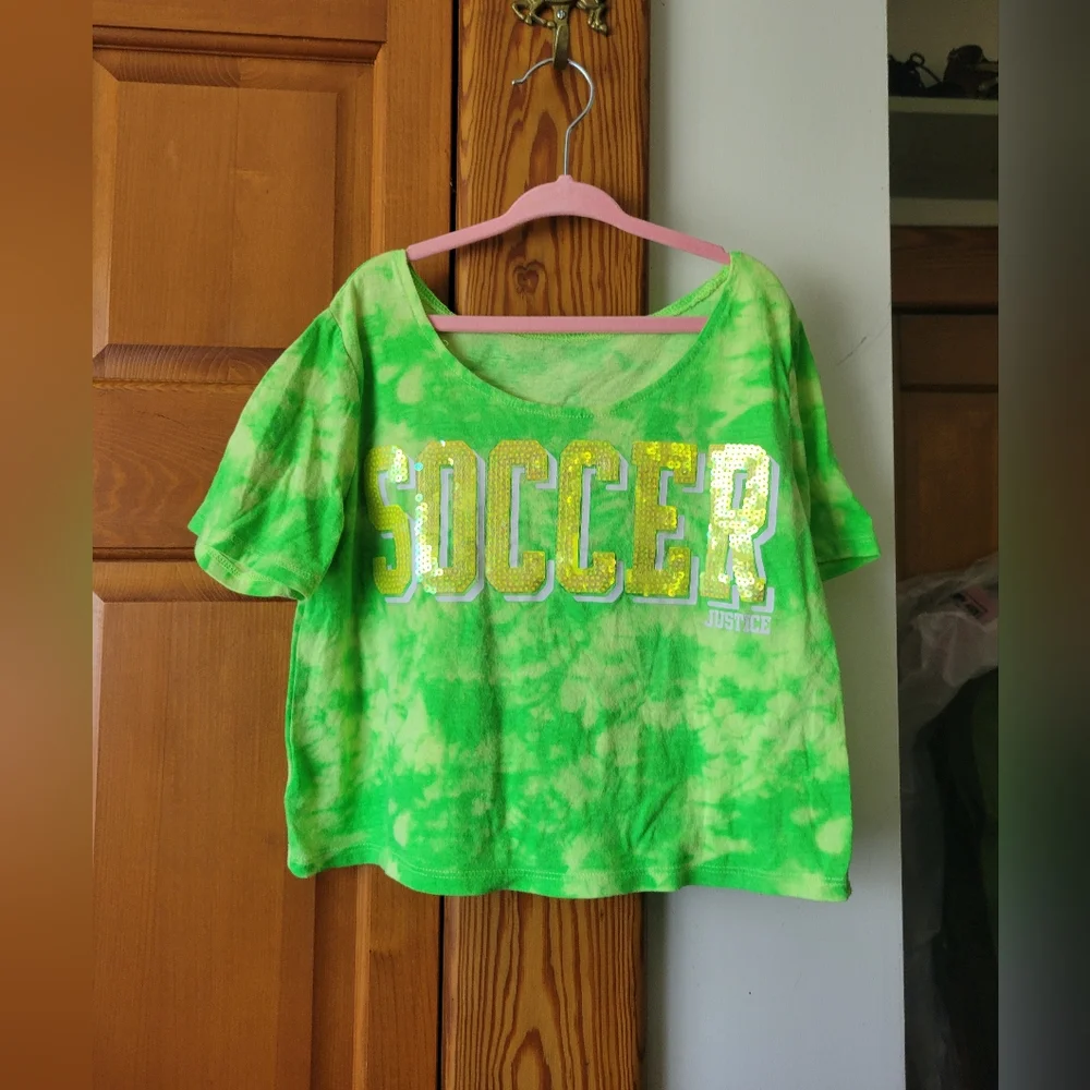 Justice Neon Lime Green Soccer Kids Crop T-Shirt Top Sequin